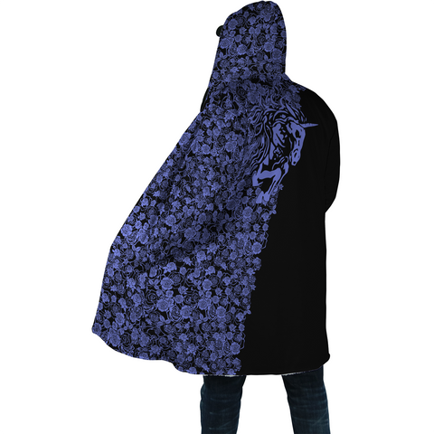 Lee's Excellent Hooded Coat with Unicorn - Cobalt Roses on Black [with Bag]